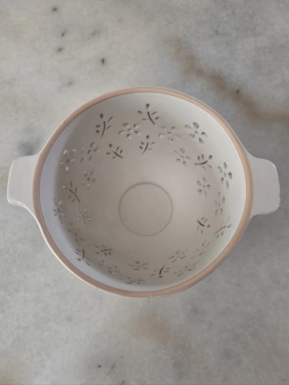 White Ceramic Floral-Colander Bowl with Handles